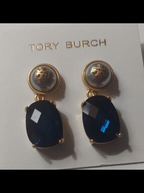 Tory Burch Gold-Tone Navy Crystal Drop Earrings